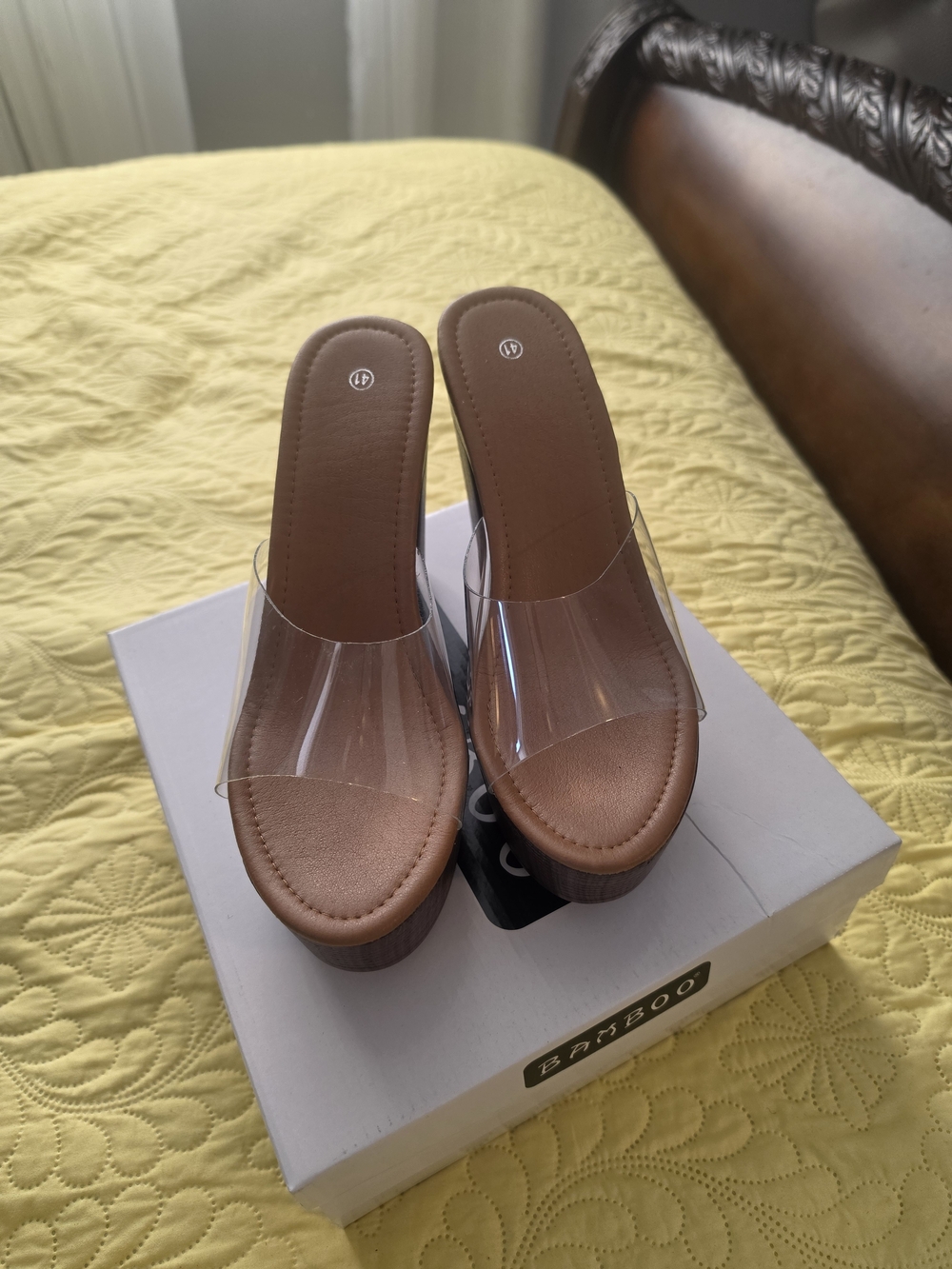 Bamboo Clear Strap Tan Platform Slide Sandals - Bamboo